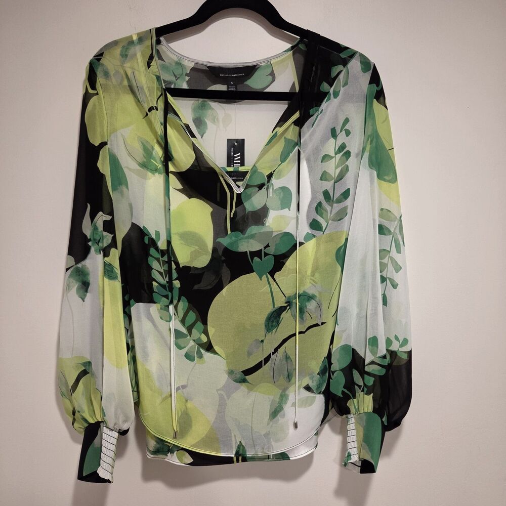 WHBM Chiffon Blouse Camisole Set Small Womens Green Black Sheer Garden Floral - Picture 2 of 15